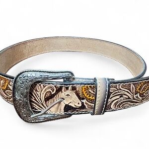 JQ Western Style Women’s Belt Size 34,  W/Horse Design 40”Long Made in Mexico